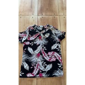 Jaclyn Smith Womens Small Black Pink Tropical Floral Palm Short Sleeve Blouse
